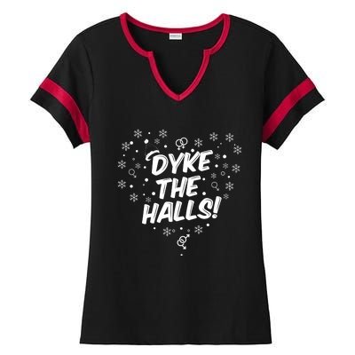 Dyke The Halls Lgbt Ugly Christmas Sweater Gift Holidays Ladies Halftime Notch Neck Tee