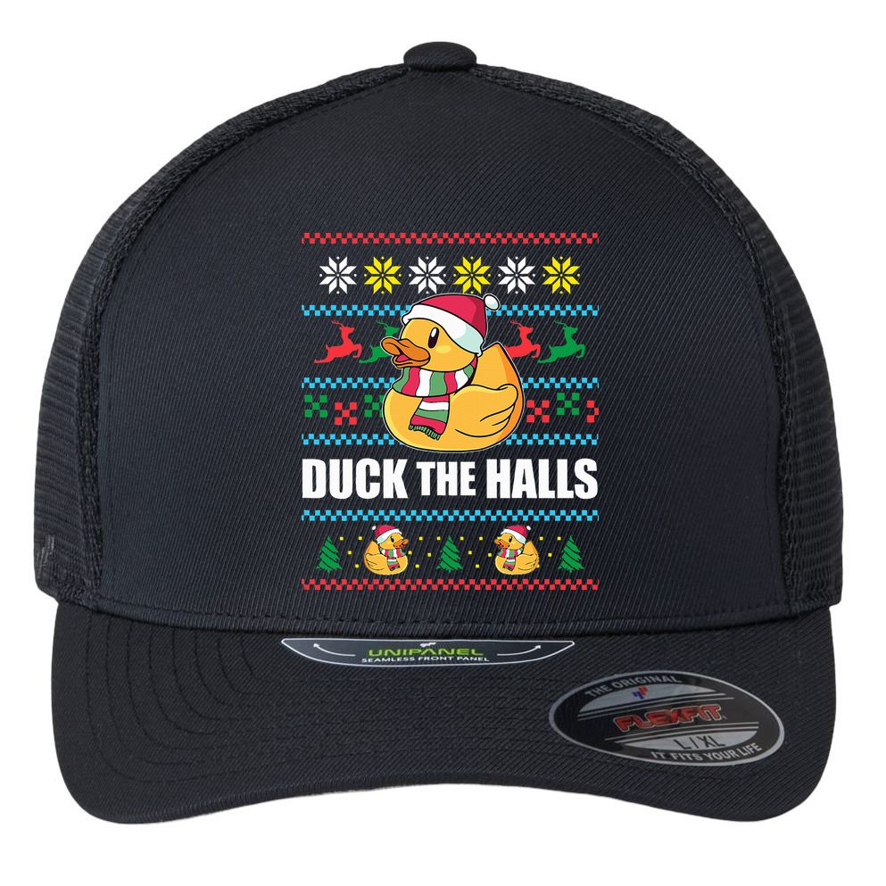 DUCK THE HALLS Funny Ugly Christmas Sweater Meme Gift Flexfit Unipanel Trucker Cap
