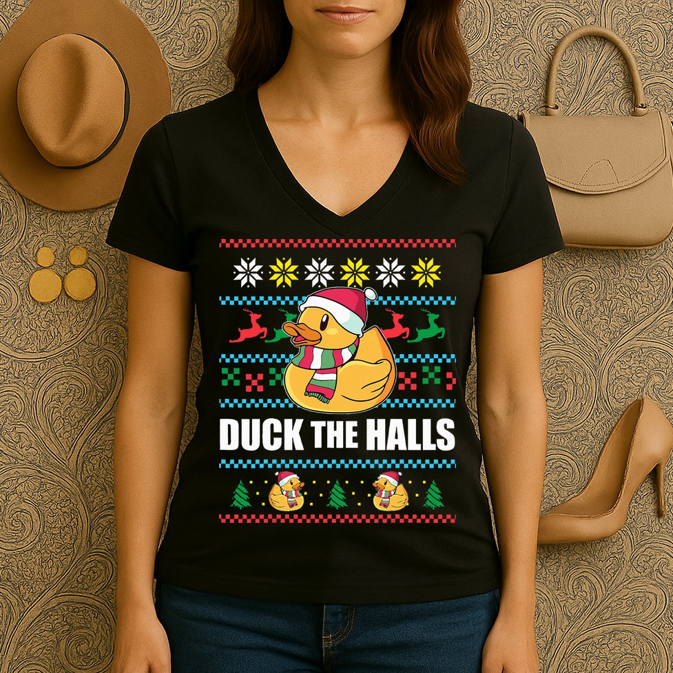 DUCK THE HALLS Funny Ugly Christmas Sweater Meme Gift Women's V-Neck T-Shirt