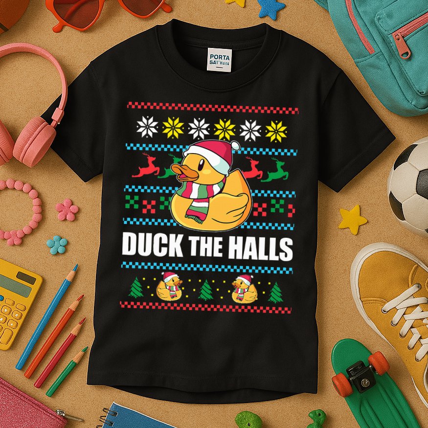 DUCK THE HALLS Funny Ugly Christmas Sweater Meme Gift Kids T-Shirt
