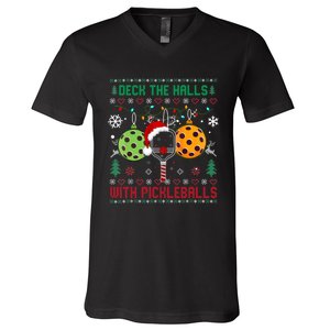 Deck The Halls Ugly Christmas Pickleball Xmas V-Neck T-Shirt