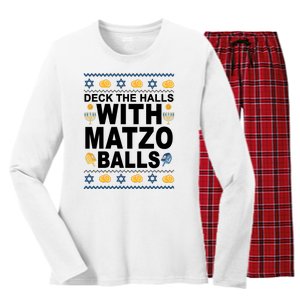 Deck The Halls With Matzo Balls Jewish Women's Long Sleeve Flannel Pajama Set 