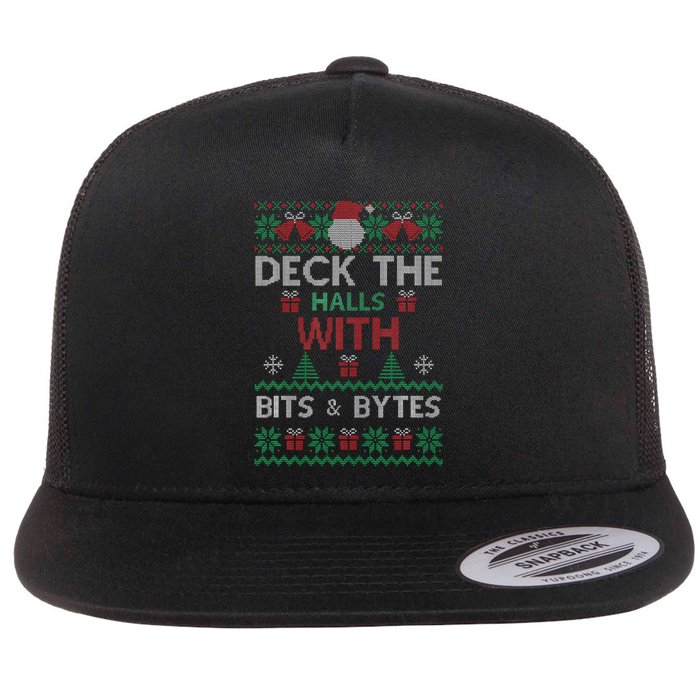 Deck The Halls With Bits And Bytes Christmas Xmas Pajamas Flat Bill Trucker Hat