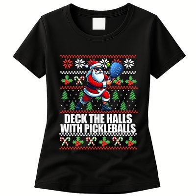 Deck The Halls Ugly Christmas Sweater Pickleball Memes Womens T-Shirt