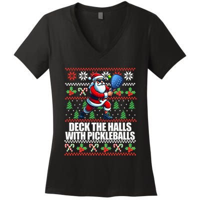 Deck The Halls Ugly Christmas Sweater Pickleball Memes Women's V-Neck T-Shirt
