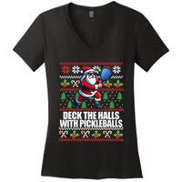 Deck The Halls Ugly Christmas Sweater Pickleball Memes Women's V-Neck T-Shirt