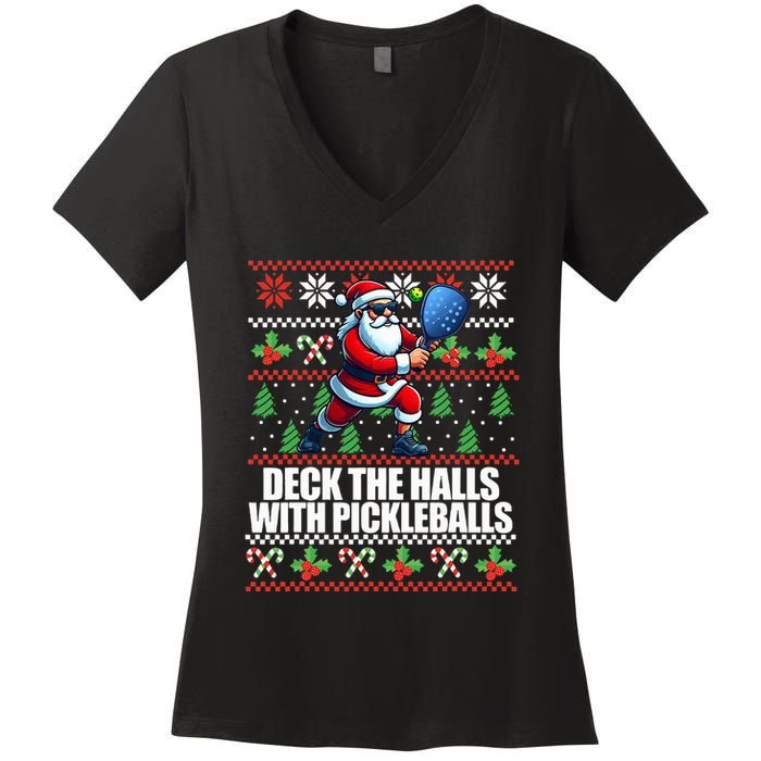 Deck The Halls Ugly Christmas Sweater Pickleball Memes Women's V-Neck T-Shirt
