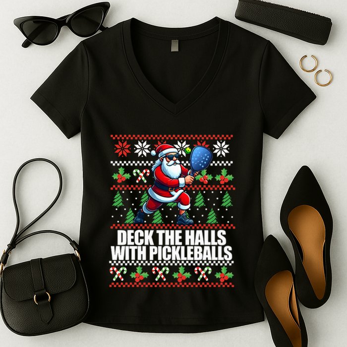 Deck The Halls Ugly Christmas Sweater Pickleball Memes Women's V-Neck T-Shirt