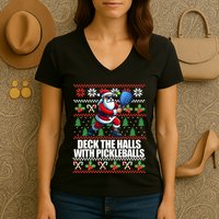 Deck The Halls Ugly Christmas Sweater Pickleball Memes Women's V-Neck T-Shirt