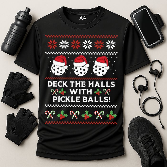 DECK THE HALLS PICKLE BALLS Ugly Christmas Pickleball Cooling Performance Crew T-Shirt
