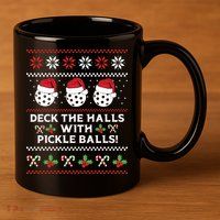 DECK THE HALLS PICKLE BALLS Ugly Christmas Pickleball 11oz C Handle Ceramic Mug