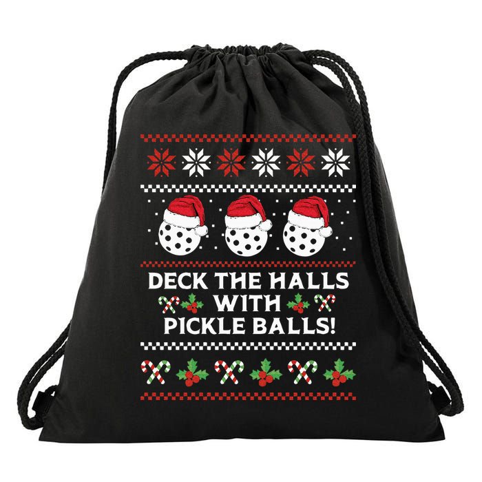 DECK THE HALLS PICKLE BALLS Ugly Christmas Pickleball Drawstring Bag