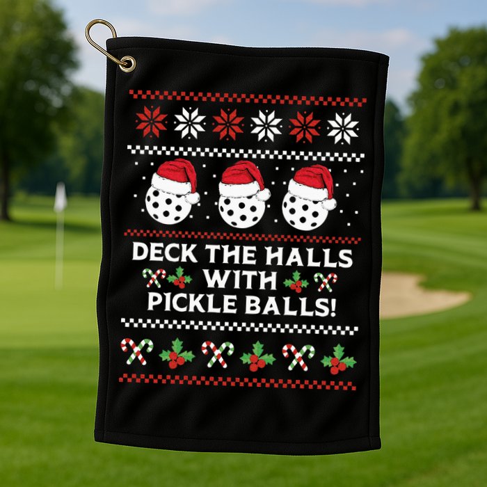 DECK THE HALLS PICKLE BALLS Ugly Christmas Pickleball Golf Towel