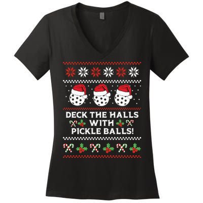 DECK THE HALLS PICKLE BALLS Ugly Christmas Pickleball Women's V-Neck T-Shirt