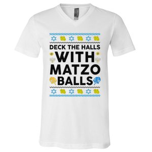  Deck The Halls With Matzo Balls Ugly Hanukkah Happy Jewish  V-Neck T-Shirt