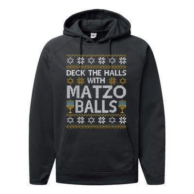 Deck The Halls With Matzo Balls Chanukkah Ugly Hanukkah Performance Fleece Hoodie