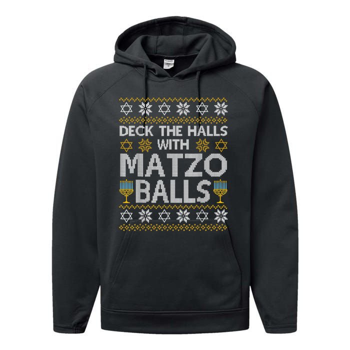 Deck The Halls With Matzo Balls Chanukkah Ugly Hanukkah Performance Fleece Hoodie