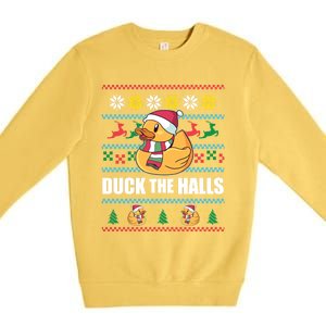 Duck The Halls! Ugly Christmas Jumper Funny Santa Claus Meme Gift Premium Crewneck Sweatshirt