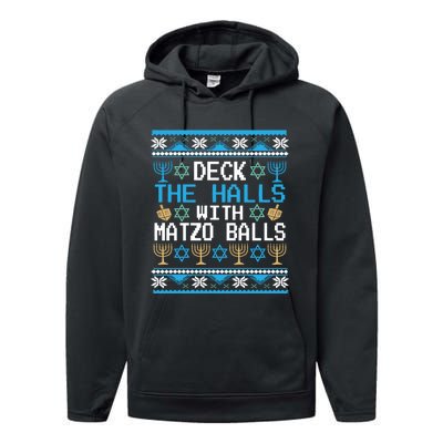 Deck The Halls With Matzo Balls Ugly Hanukkah Christmas Performance Fleece Hoodie