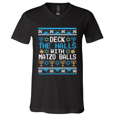 Deck The Halls With Matzo Balls Ugly Hanukkah Christmas V-Neck T-Shirt