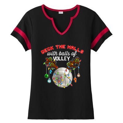 Deck The Halls With Balls Of Volley Christmas Volleyball Ladies Halftime Notch Neck Tee