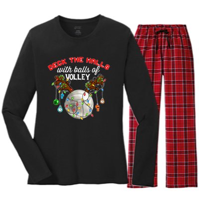 Deck The Halls With Balls Of Volley Christmas Volleyball Women's Long Sleeve Flannel Pajama Set 