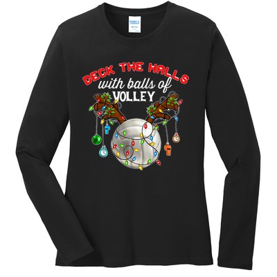 Deck The Halls With Balls Of Volley Christmas Volleyball Ladies Long Sleeve Shirt