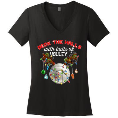 Deck The Halls With Balls Of Volley Christmas Volleyball Women's V-Neck T-Shirt