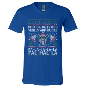 Deck The Halls With Skulls And Bodies Viking Christmas Ugly Gift V-Neck T-Shirt