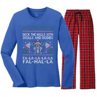 Deck The Halls With Skulls And Bodies Viking Christmas Ugly Gift Women's Long Sleeve Flannel Pajama Set 