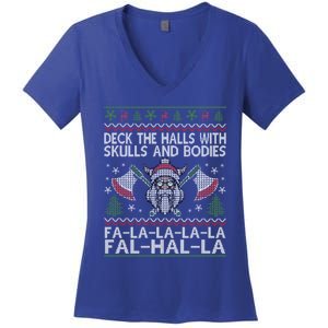 Deck The Halls With Skulls And Bodies Viking Christmas Ugly Gift Women's V-Neck T-Shirt