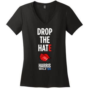 Drop The Hate No Maga Hat Vote Kamala Harris Tim Walz 24 Women's V-Neck T-Shirt