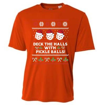 Deck The Halls Pickle Balls Ugly Christmas Pickleball Memes Gift Cooling Performance Crew T-Shirt