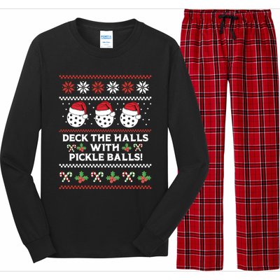 Deck The Halls Pickle Balls Ugly Christmas Pickleball Memes Gift Long Sleeve Pajama Set