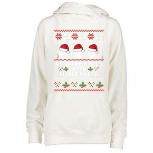 Deck The Halls Pickle Balls Ugly Christmas Pickleball Memes Gift Womens Funnel Neck Pullover Hood