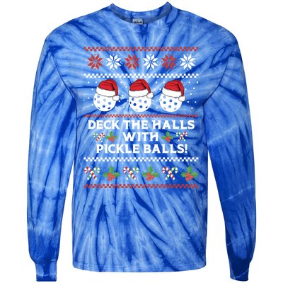 Deck The Halls Pickle Balls Ugly Christmas Pickleball Memes Gift Tie-Dye Long Sleeve Shirt