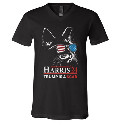 Donald Trump Is A Scab Vote Harris Valz Cat Lady V-Neck T-Shirt