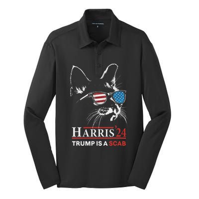 Donald Trump Is A Scab Vote Harris Valz Cat Lady Silk Touch Performance Long Sleeve Polo