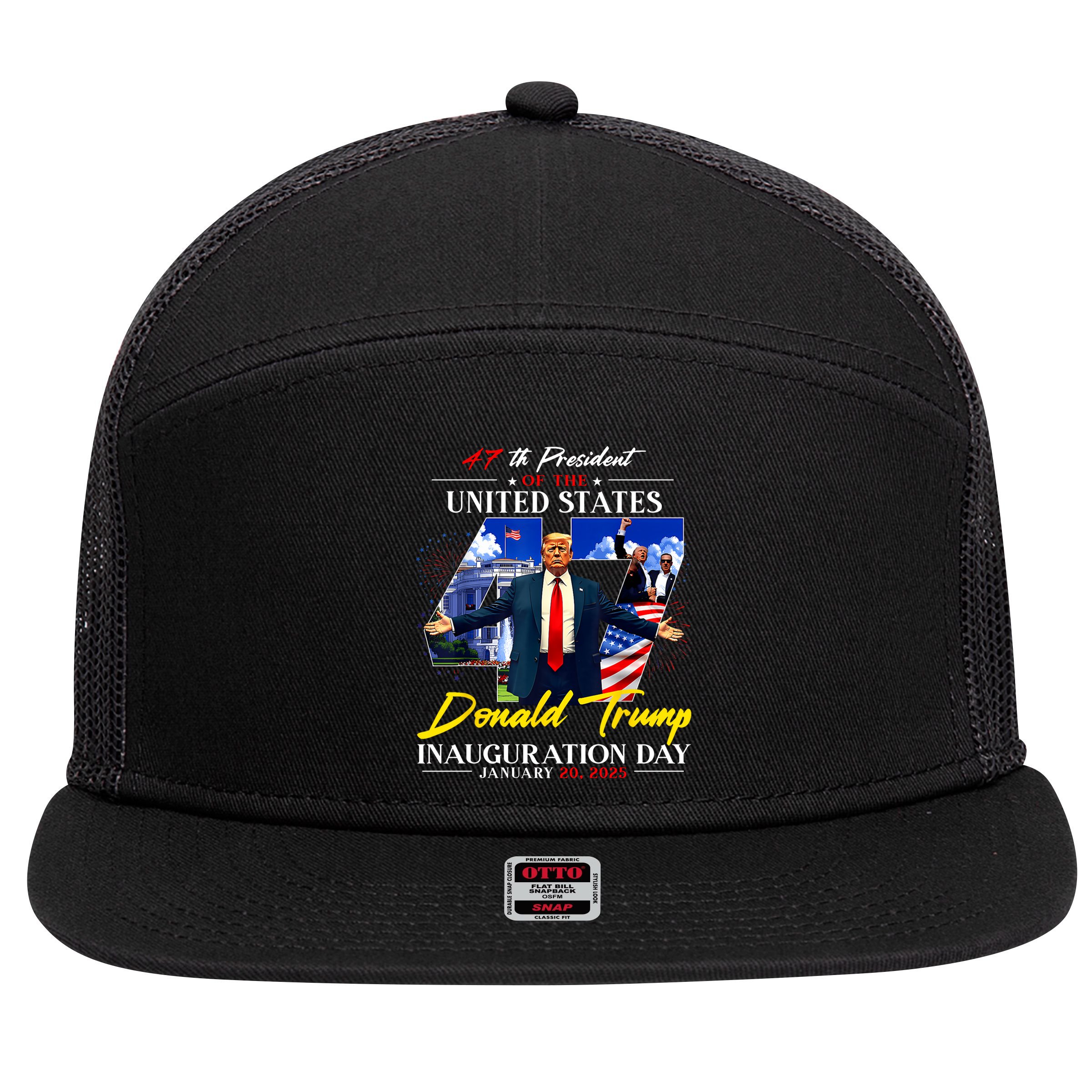 Donald Trump Inauguration Day 2025 47th President 7 Panel Mesh Trucker Snapback Hat