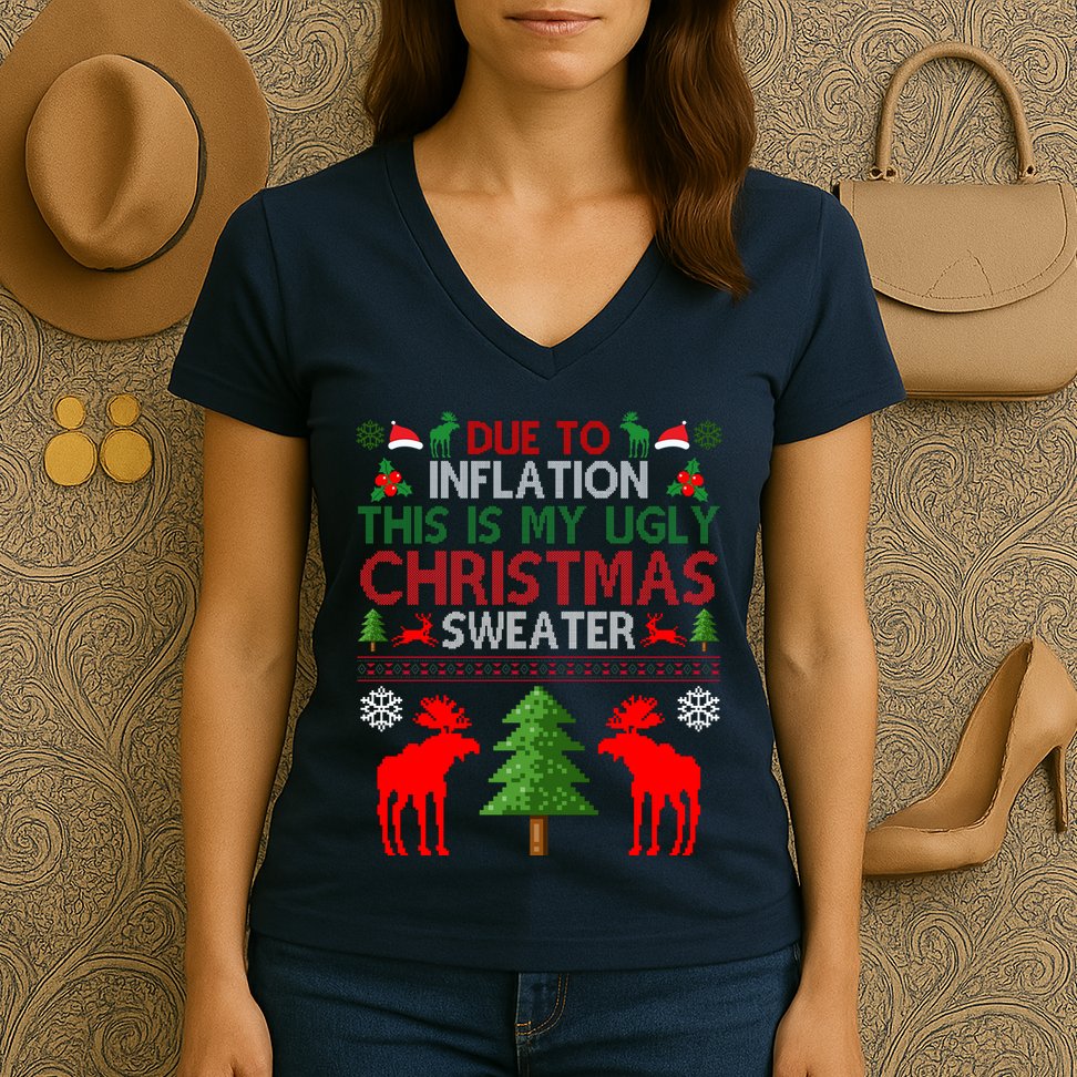 Due To Inflation This Is My Ugly Christmas Sweater Funny Holiday Women's V-Neck T-Shirt