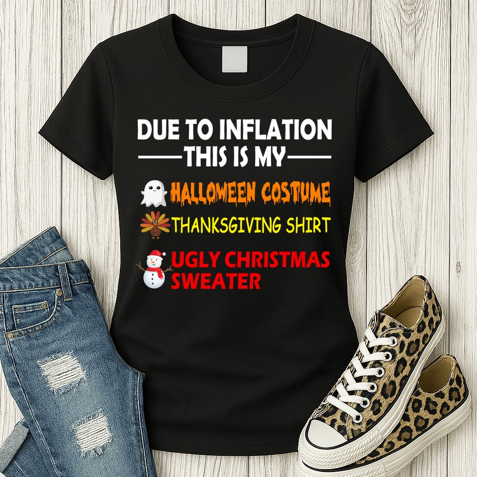 Due To Inflation This Is My Halloween Thanksgiving Ugly Christmas Womens T-Shirt