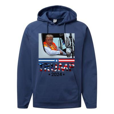 Donald Trump In Garbage Truck Team Garbage For Trump 2024 Performance Fleece Hoodie