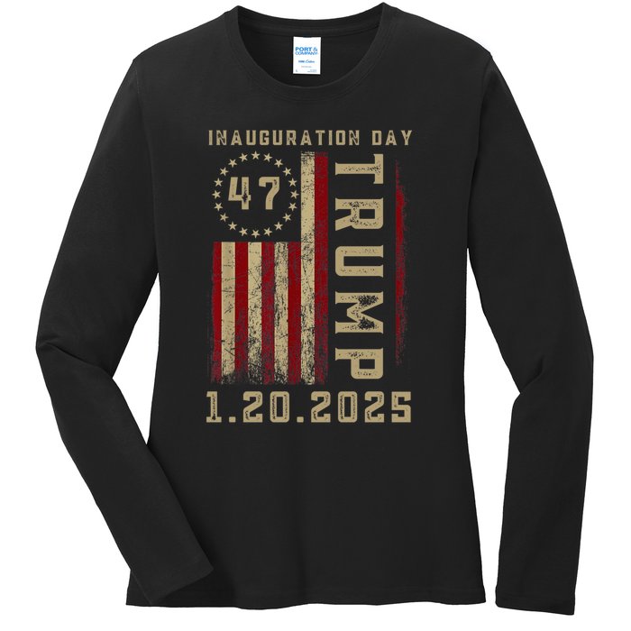 Donald Trump Inauguration Day 2025 47th President 47 Us Flag Ladies Long Sleeve Shirt