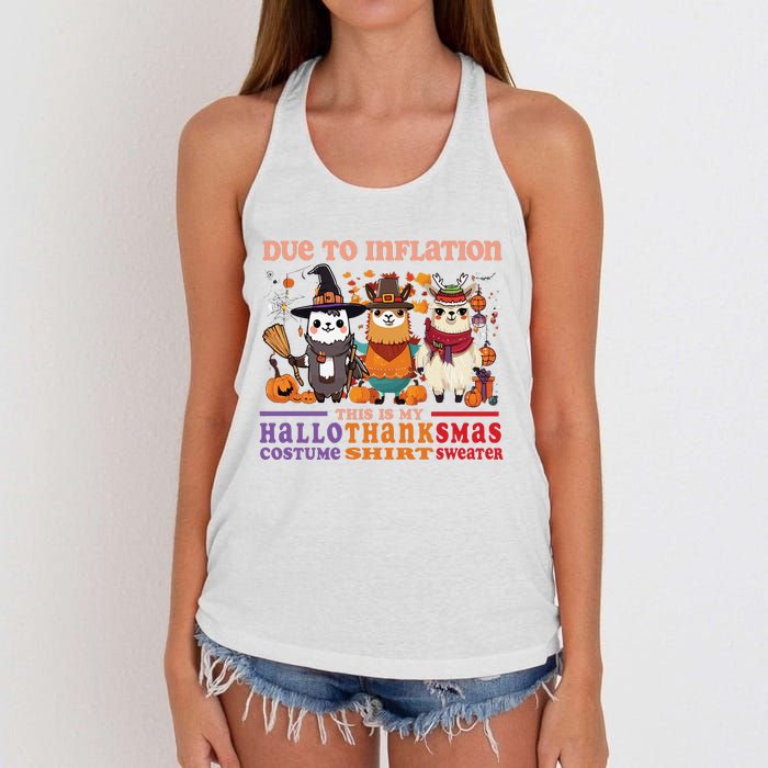 Due To Inflation Halloween Thanksgiving Ugly Christmas Llama Sweat Women's Knotted Racerback Tank