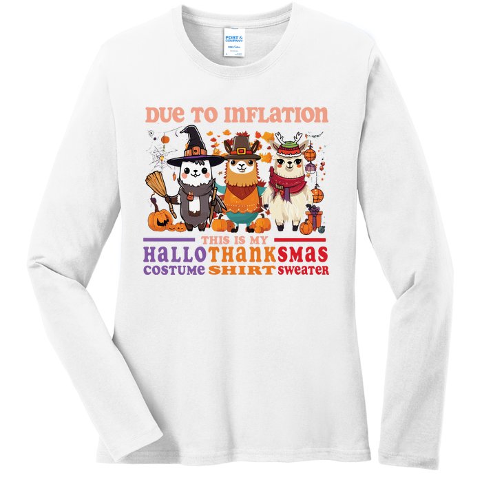 Due To Inflation Halloween Thanksgiving Ugly Christmas Llama Sweat Ladies Long Sleeve Shirt