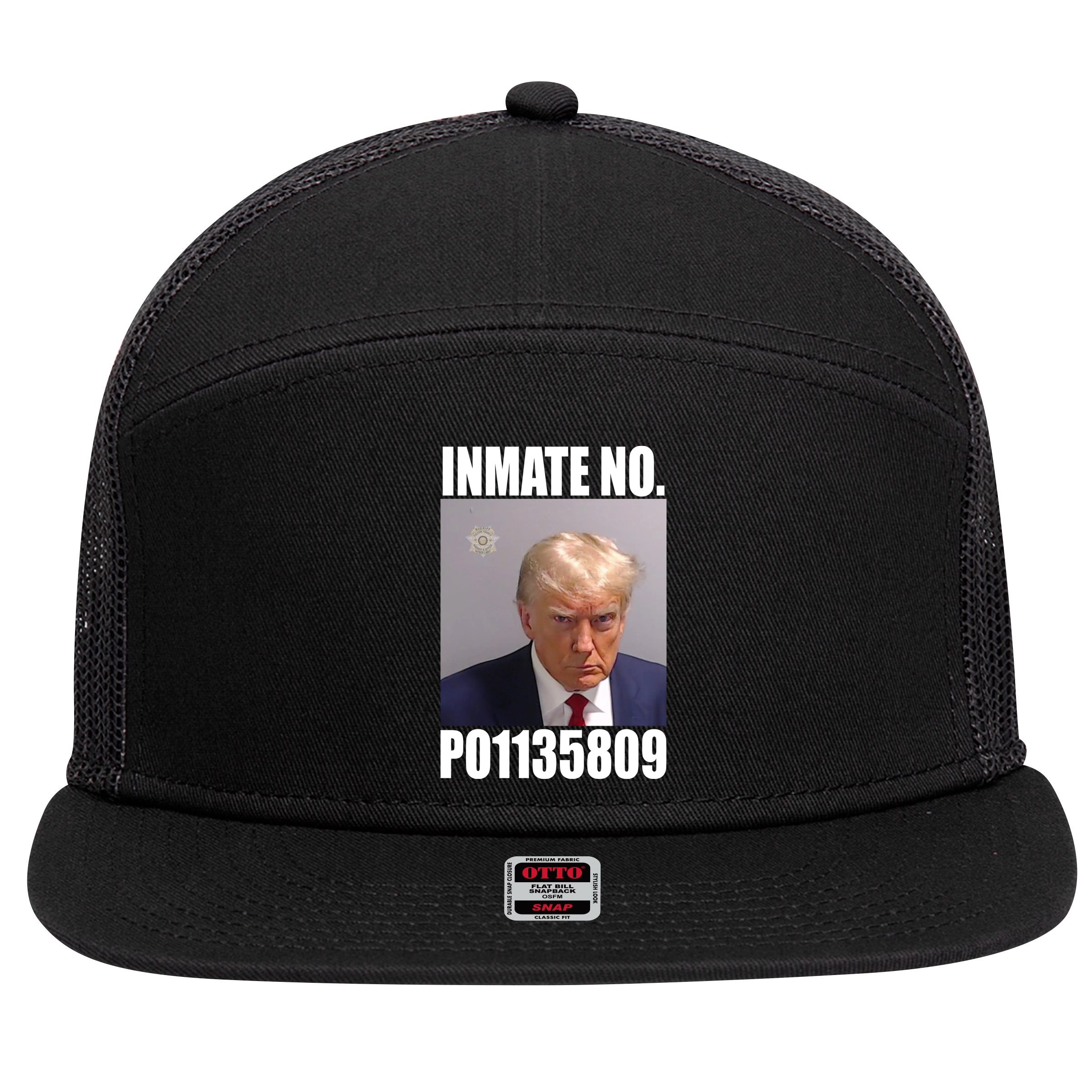 Donald Trump Inmate Number Mugshot 7 Panel Mesh Trucker Snapback Hat
