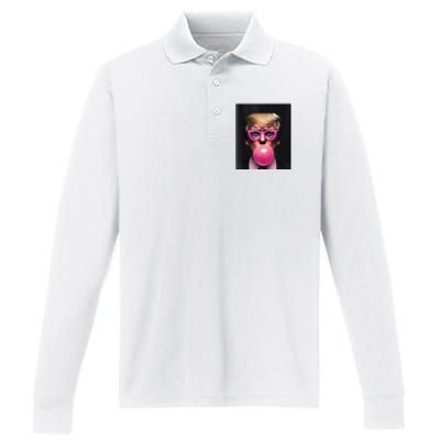 Donald Trump In Pink Blowing Bubble Gum Pro Trump 2024 Performance Long Sleeve Polo