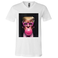 Donald Trump In Pink Blowing Bubble Gum Pro Trump 2024 V-Neck T-Shirt