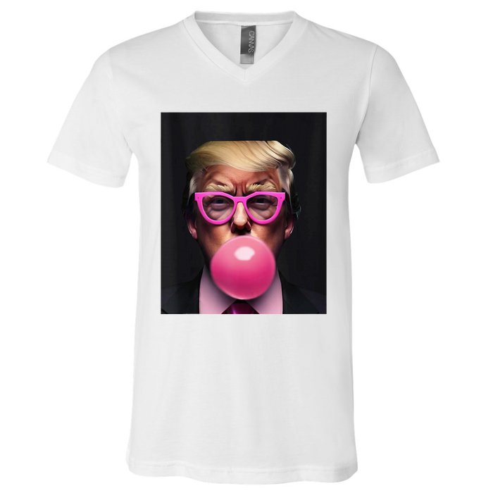 Donald Trump In Pink Blowing Bubble Gum Pro Trump 2024 V-Neck T-Shirt