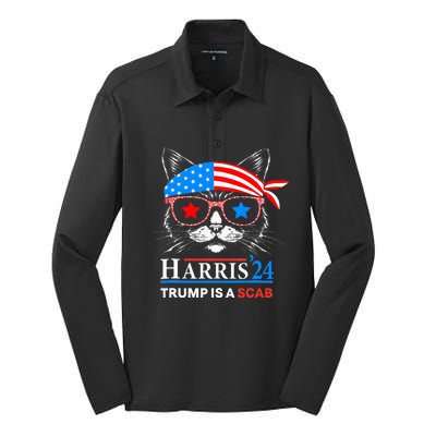 Donald Trump Is A Scab Vote Harris Valz Cat Lady Silk Touch Performance Long Sleeve Polo